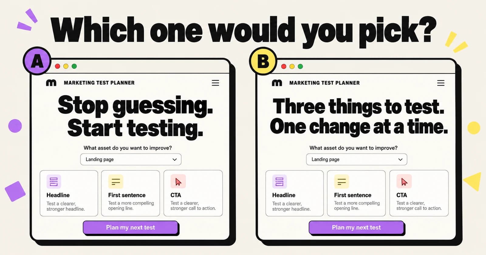 Two previews of the Marketing Test Planner comparing the headlines Stop guessing. Start testing. and Three things to test. One change at a time.